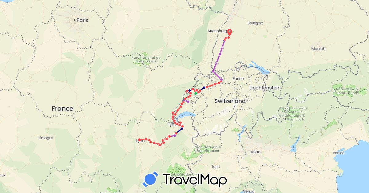 TravelMap itinerary: driving, bus, train, hiking in Switzerland, Germany, France (Europe)